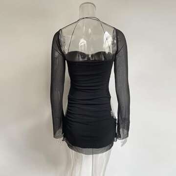 XLLAIS Women Long Puff Sleeve Mini Bodycon Mesh Dress Split Hem Clubwear Black Small