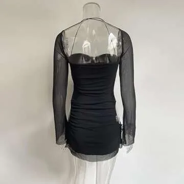 XLLAIS Women Long Puff Sleeve Mini Bodycon Mesh Dress Split Hem Clubwear Black Small