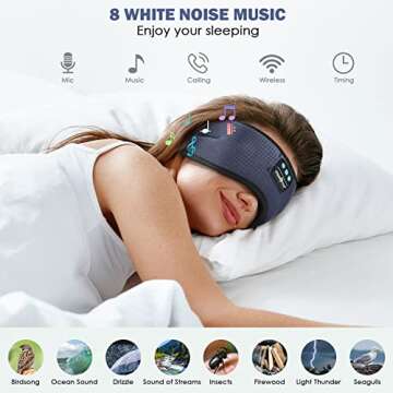 MUSICOZY White Noise Bluetooth Sleep Mask with 8 Soothing Sounds & 3D Wireless Sleep Headphones, Bluetooth Sleeping Headphones for Yoga Travel Office Relaxation Tech Gadgets Gifts, Light Gray