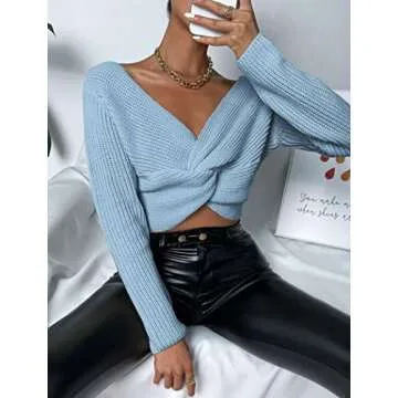 HOTOUCH Women Criss Cross Twisted Knitted Pullovers Sexy Twist Front Back Reversible Sweater Blue S