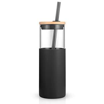 tronco 24 oz Glass Tumbler with Straw and Lid - Glass Cup with Lid and Straw, Smoothie Cup, Iced Coffee Cup - Bamboo Lid and Protective Silicone Sleeve - BPA-Free
