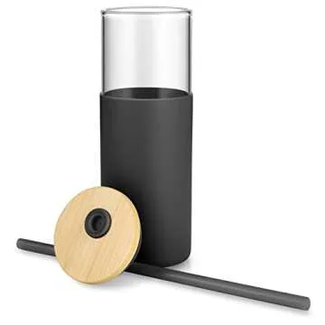 tronco 24 oz Glass Tumbler with Straw and Lid - Glass Cup with Lid and Straw, Smoothie Cup, Iced Coffee Cup - Bamboo Lid and Protective Silicone Sleeve - BPA-Free