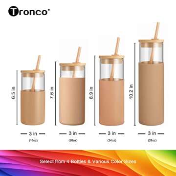 tronco 24 oz Glass Tumbler with Straw and Lid - Glass Cup with Lid and Straw, Smoothie Cup, Iced Coffee Cup - Bamboo Lid and Protective Silicone Sleeve - BPA-Free