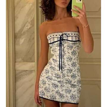 Seyumixi Women Ruffle Strapless Tube Mini Dress Y2k Fairy Off Shoulder Bandeau Dress Frill Trim Bodycon Aline Streetwear（A Floral Blue，Small）