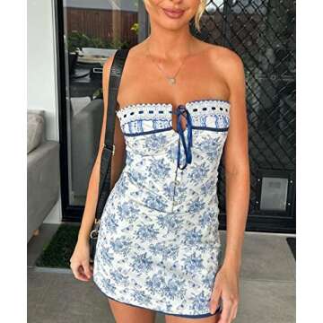 Seyumixi Women Ruffle Strapless Tube Mini Dress Y2k Fairy Off Shoulder Bandeau Dress Frill Trim Bodycon Aline Streetwear（A Floral Blue，Small）