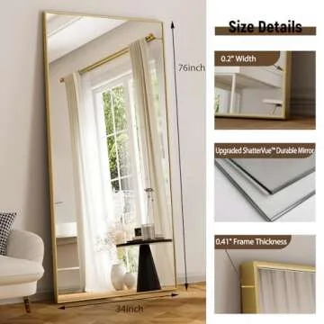 GLSLAND 76"x34" Full Length Mirror Extra Large Hanging or Leaning Rectangle Mirror Aluminum Alloy Thin Frame Bedroom Floor Dressing,Gold