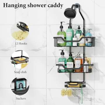 Hanging Shower Caddy Over Shower Head for Shampoo, Bathroom Organizer with 12 Hooks for Towels, Spon...
