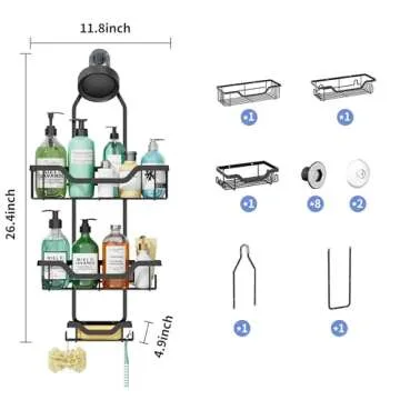 Hanging Shower Caddy Over Shower Head for Shampoo, Bathroom Organizer with 12 Hooks for Towels, Sponge, Razor, Rustproof Shower Storage Shelf Racks, 1 Soap Holder 1 Toothpaste Holder - Black 3-Tier