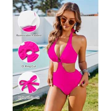 AI'MAGE Womens One Piece Swimsuit Sexy Cutout High Cut Tummy Control Bathing Suits Cheeky Cute Monokini Swimsuits,Medium Rose