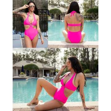 AI'MAGE Womens One Piece Swimsuit Sexy Cutout High Cut Tummy Control Bathing Suits Cheeky Cute Monokini Swimsuits,Medium Rose