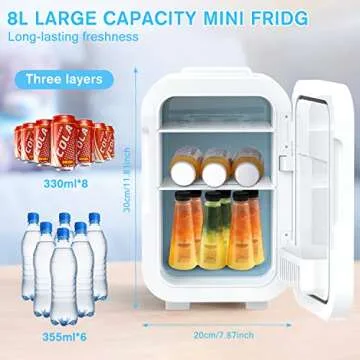 COOSEON Mini fridge 8 liters, beauty makeup skin care fridge, AC/DC portable beauty fridge thermoelectric cooler heater, suitable for skin care, cosmetics, bedroom, office, car, dormitory