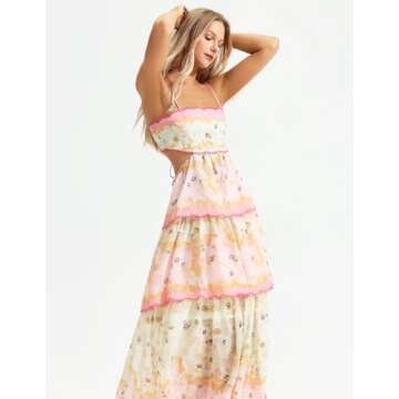 Pink Bow Knot Elegant Dress Stunning Ruffle Dress Floral Slip Dress Glamorous Tiered Dress Womens Dress for Wedding Guest Chic Birthday Dress