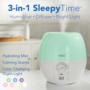Vicks 3-in-1 SleepyTime Humidifier, No. 1 Brand Recommended by Pediatricians*. Cool Mist Humidifier with Night-Light, and Essential Oil Diffuser for Baby and Kids rooms. Visible Cool Mist, White.