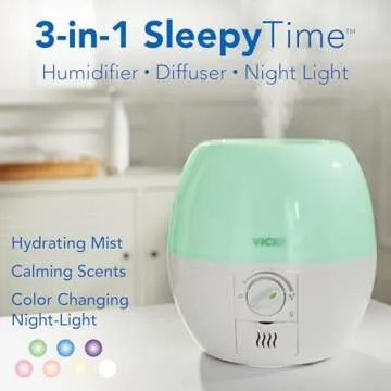 Vicks 3-in-1 SleepyTime Humidifier, No. 1 Brand Recommended by Pediatricians*. Cool Mist Humidifier with Night-Light, and Essential Oil Diffuser for Baby and Kids rooms. Visible Cool Mist, White.