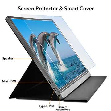 Lepow Portable Monitor Latest 15.6 Inch FHD 1080P Ultra Slim Computer Display, IPS Eye Care Travel Screen with Dual Speakers, Smart Cover, Support Type-C HDMI for Laptop Phone PC Switch Xbox