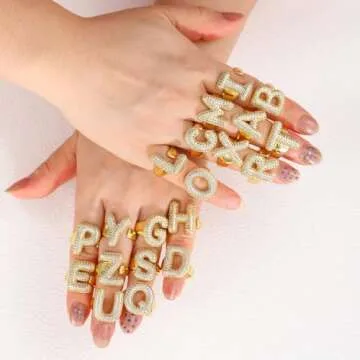 Fullrainbow Gold initial rings for women chunky gold rings bubble A-Z initial ring adjustable rings for women Zircon open letter ring (Gold Bubble Letter Ring-G)