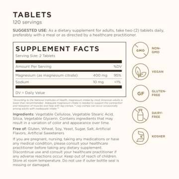 Solgar Magnesium Citrate, 120 Tablets - Promotes Healthy Bones - Supports Nerve & Muscle Function - Non GMO, Vegan, Gluten Free, Dairy Free, Kosher - 60 Servings