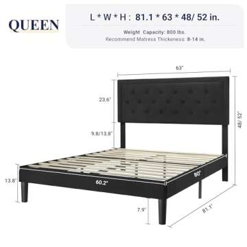 Allewie Queen Size Upholstered Platform Bed Frame with Adjustable Headboard, Button Tufted, Wood Sla...