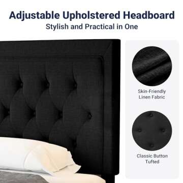 Allewie Queen Size Upholstered Platform Bed Frame with Adjustable Headboard, Button Tufted, Wood Slat Support, Easy Assembly, Black