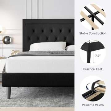 Allewie Queen Size Upholstered Platform Bed Frame with Adjustable Headboard, Button Tufted, Wood Slat Support, Easy Assembly, Black