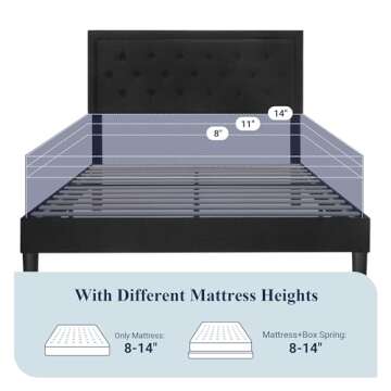Allewie Queen Size Upholstered Platform Bed Frame with Adjustable Headboard, Button Tufted, Wood Slat Support, Easy Assembly, Black