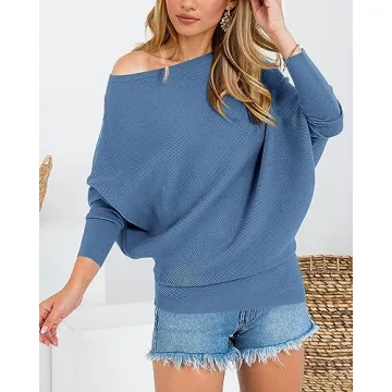 Zenlonr Women's Fall Sweaters 2025 Casual Long Batwing Sleeve Loose Off Shoulder Knit Pullovers Jumper Tops(Solid Blue,X-Large)