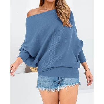 Zenlonr Women's Fall Sweaters 2025 Casual Long Batwing Sleeve Loose Off Shoulder Knit Pullovers Jumper Tops(Solid Blue,X-Large)