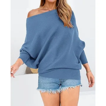 Zenlonr Women's Fall Sweaters 2025 Casual Long Batwing Sleeve Loose Off Shoulder Knit Pullovers Jumper Tops(Solid Blue,X-Large)