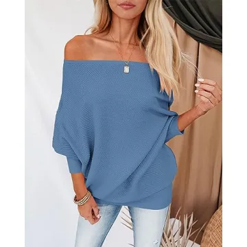 Zenlonr Women's Fall Sweaters 2025 Casual Long Batwing Sleeve Loose Off Shoulder Knit Pullovers Jumper Tops(Solid Blue,X-Large)