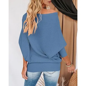 Zenlonr Women's Fall Sweaters 2025 Casual Long Batwing Sleeve Loose Off Shoulder Knit Pullovers Jumper Tops(Solid Blue,X-Large)