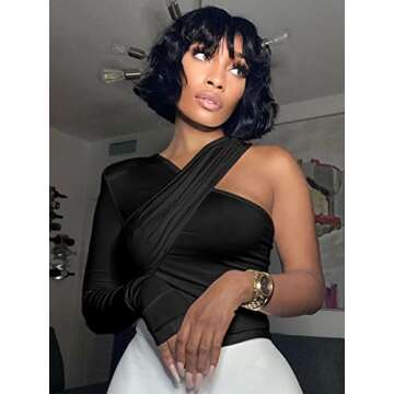 SOFIA'S CHOICE Women's Criss Cross One Shoulder Padded Tops Long Sleeve Shirt Black Small