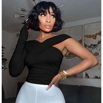 SOFIA'S CHOICE Women's Criss Cross One Shoulder Padded Tops Long Sleeve Shirt Black Small