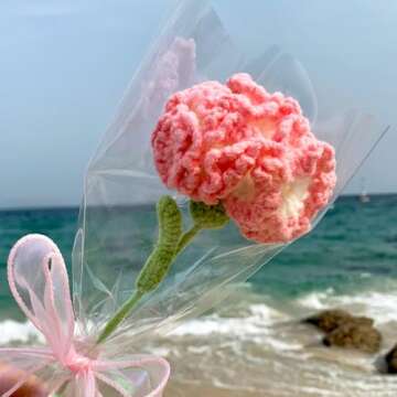 YOOJEE Crochet Flower Bouquet Perfect for Christmas Gifts Handmade Knitted Carnation Birthday Anniversary Graduation Mother’s Day Father’s Day Gifts Pink Floral with Greeting Card Included