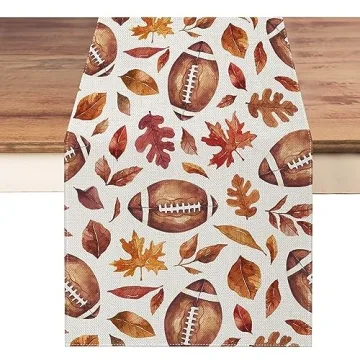 Fall Table Runner 13x72 Inch, Football with Maple Leaves Table Decors for Seasonal Harvest Autumn Th...