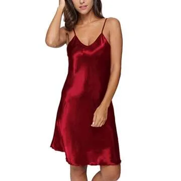 Original Kimono Women's Satin Nightgown Sexy V Neck Spaghetti Strap Nightdress Chemise Babydoll Lingerie Full Slips Sleepwear, Burgundy S