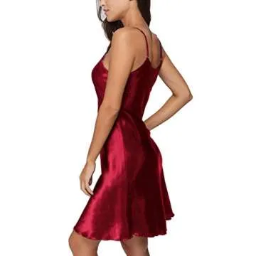 Original Kimono Women's Satin Nightgown Sexy V Neck Spaghetti Strap Nightdress Chemise Babydoll Lingerie Full Slips Sleepwear, Burgundy S