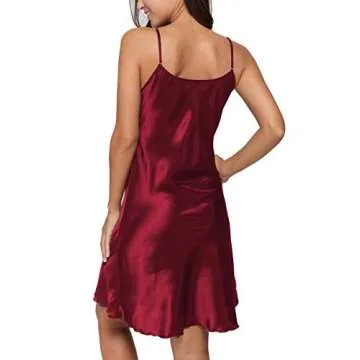 Original Kimono Women's Satin Nightgown Sexy V Neck Spaghetti Strap Nightdress Chemise Babydoll Lingerie Full Slips Sleepwear, Burgundy S