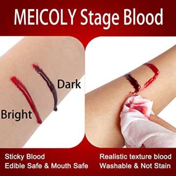 MEICOLY Fake Blood Washable,1.06 OZ Edible Stage Blood,Realistic Drips Sticky Fake Blood with Brush,Safe for Mouth,Teeth,Nosebleed,Halloween,Cosplay,SFX Makeup,Special Effects Cut Flesh Wound,Bright