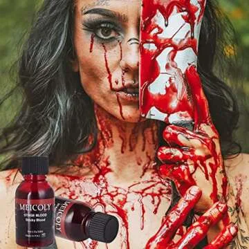 MEICOLY Fake Blood Washable,1.06 OZ Edible Stage Blood,Realistic Drips Sticky Fake Blood with Brush,Safe for Mouth,Teeth,Nosebleed,Halloween,Cosplay,SFX Makeup,Special Effects Cut Flesh Wound,Bright