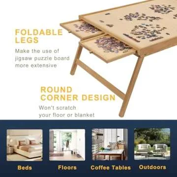 TEAKMAMA 1500 Piece Wooden Jigsaw Puzzle Board with 4 Drawers, Folding Puzzle Table with Protective Cover, Jigsaw Board with Legs, Multifunctional Game Table for Adults, 34W x 26.3D, Natural