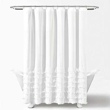 Lush Decor Avery Shower Curtain Ruffled Vintage Chic Farmhouse Style Bathroom, 72” x 72”, White