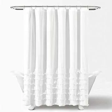 Lush Decor Avery Shower Curtain Ruffled Vintage Chic Farmhouse Style Bathroom, 72” x 72”, White