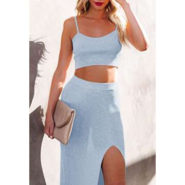 Women's Knit 2 Piece Skirt Cami Crop Top Side Slit Bodycon Midi Dress Set Light Blue S