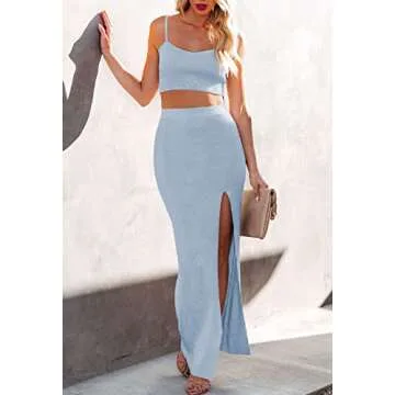 Women's Knit 2 Piece Skirt Cami Crop Top Side Slit Bodycon Midi Dress Set Light Blue S