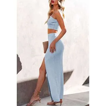 Women's Knit 2 Piece Skirt Cami Crop Top Side Slit Bodycon Midi Dress Set Light Blue S