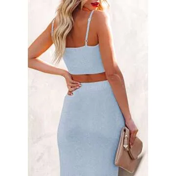 Women's Knit 2 Piece Skirt Cami Crop Top Side Slit Bodycon Midi Dress Set Light Blue S
