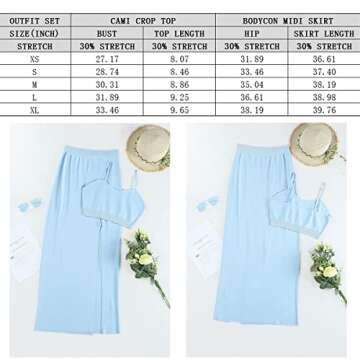 Women's Knit 2 Piece Skirt Cami Crop Top Side Slit Bodycon Midi Dress Set Light Blue S