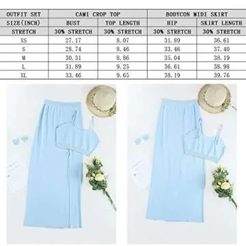 Women's Knit 2 Piece Skirt Cami Crop Top Side Slit Bodycon Midi Dress Set Light Blue S