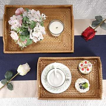 Hipiwe 2PCS Wicker Basket Serving Tray with Handles Handwoven Rattan Baskets Storage Trays Home Deco...
