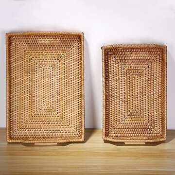 Hipiwe 2PCS Wicker Basket Serving Tray with Handles Handwoven Rattan Baskets Storage Trays Home Decorative Organizer Tray for Snack Fruit Breakfast Food Coffee Bread Gift for Women Girls